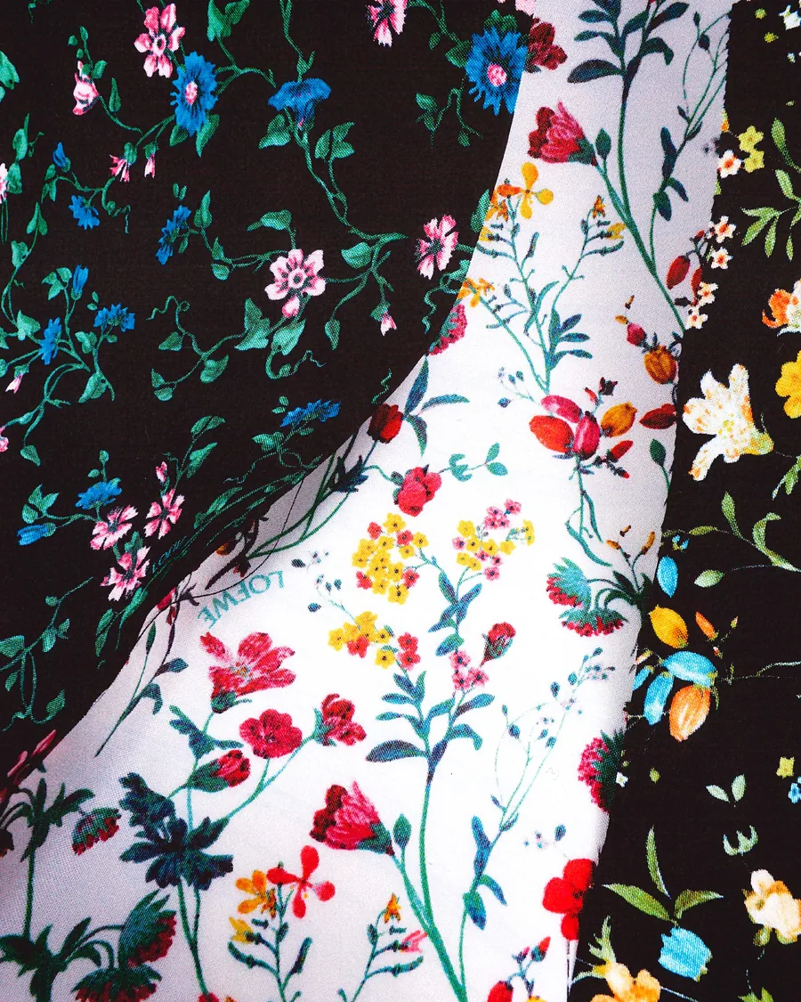 Loewe Spring-Summer 2027 making of: fabric swatches with floral prints on black and on white